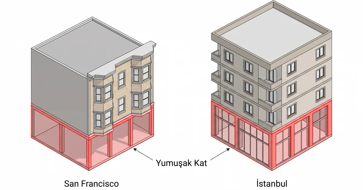 Dünyada bina güçlendirme ABD modeli — San Francisco tipi yumuşak katlı ahşap apartman ile İstanbul tipi zemin katı dükkânlı betonarme bina karşılaştırma illüstrasyonu