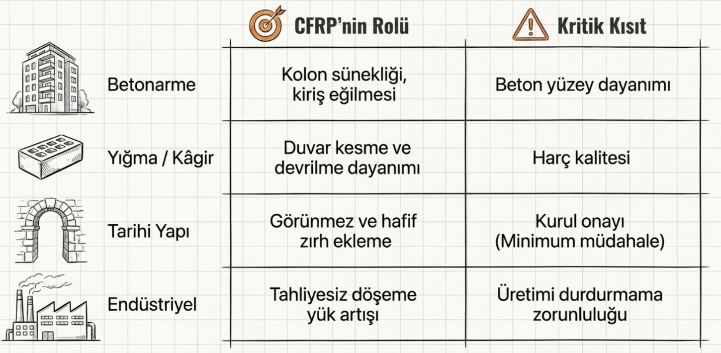 Yapı türüne göre güçlendirme yöntemleri karşılaştırma tablosu