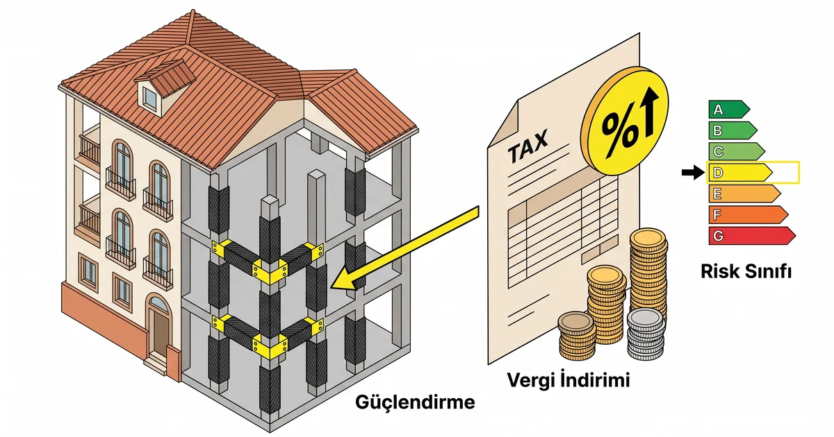 İtalya Sismabonus modeli — vergi indirimiyle bina deprem güçlendirme teşviki ve risk sınıfı sistemi illüstrasyonu