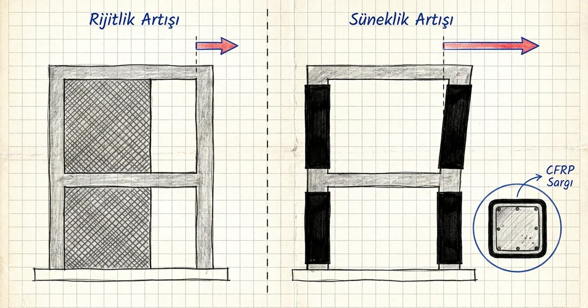 Perde duvarın rijitlik artışı ile CFRP sargının süneklik artışını karşılaştıran kesit şeması