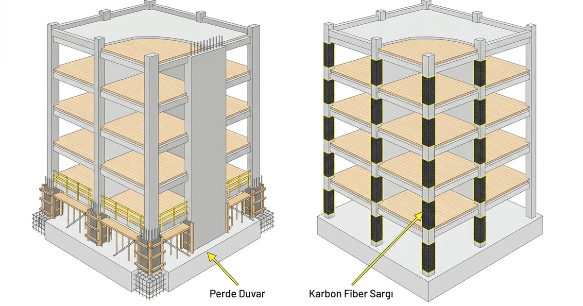 Perde duvar eklenmiş bina yarısı ile CFRP karbon fiber sargılı kolonlu bina yarısının izometrik karşılaştırması