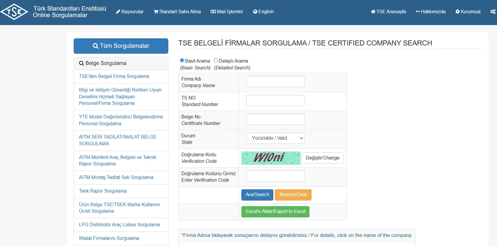 TSE belge sorgulama ekranı — karbon kumaş ürün belgesi geçerlilik kontrol örneği
