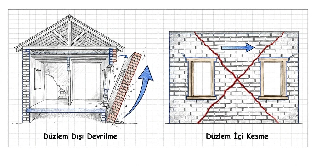 Yığma duvar deprem hasar mekanizmaları şeması: düzlem-dışı devrilme ve düzlem-içi kesme çatlağı