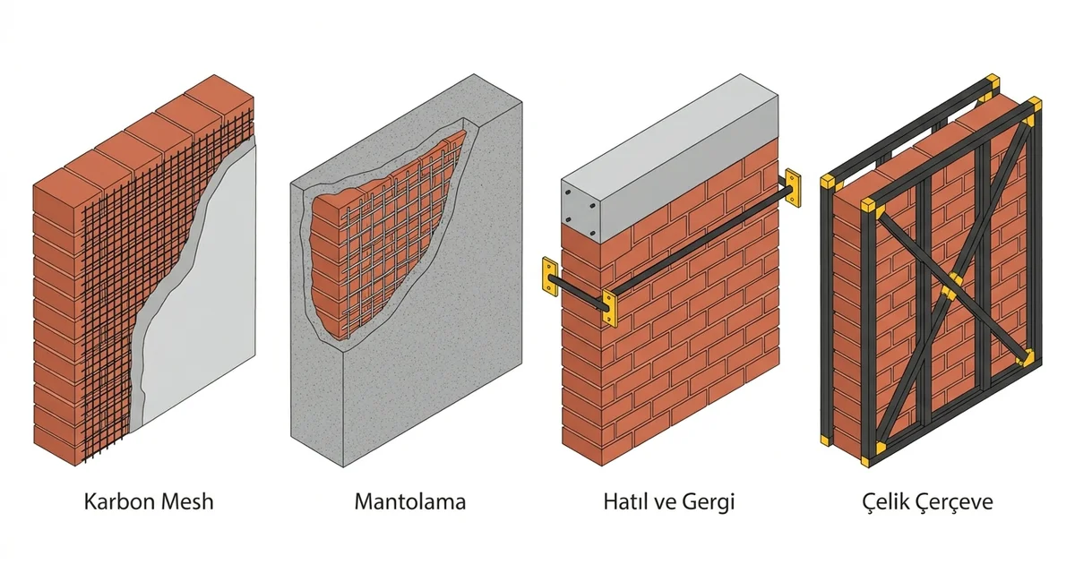 Yığma bina güçlendirme yöntemleri karşılaştırması: karbon mesh, püskürtme beton mantolama, hatıl ve gergi çubuğu, çelik çerçeve